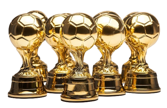 A group of shiny gold football trophies with ball designs are clustered together against a black background, conveying a sense of achievement and victory.